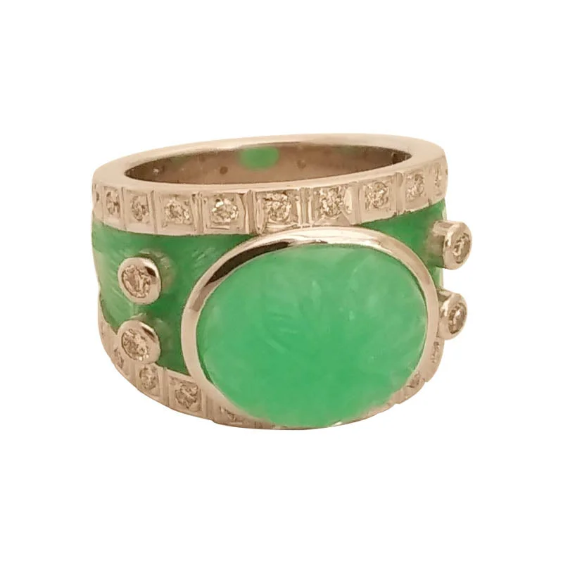 Floral engraved rings-RING- CHRYSOPRASE AND DIAMOND (ENAMEL) IN STERLING SILVER