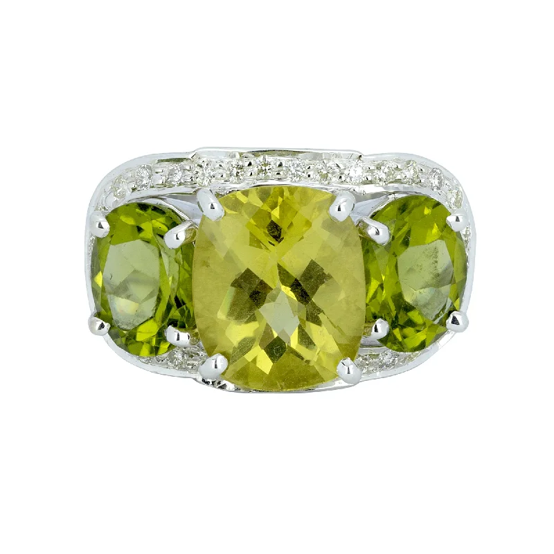 Citrine gem rings-Ring - Lemon Quartz, Peridot And Diamond