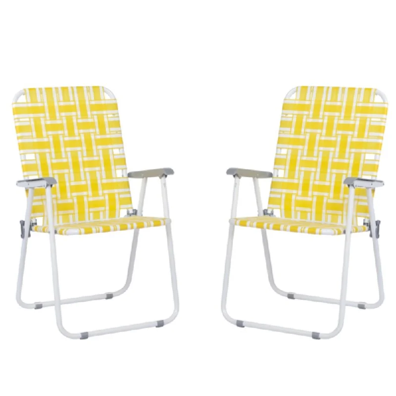 Crescent moon rings-2pcs Steel Tube PP Webbing Bearing 120kg Folding Beach Chair Yellow & White Strip - 22 x 22 x 37.4