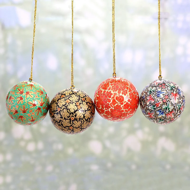 Lace-inspired rings-Alluring Baubles Set of Four Round Colorful Papier Mache Ornaments from India