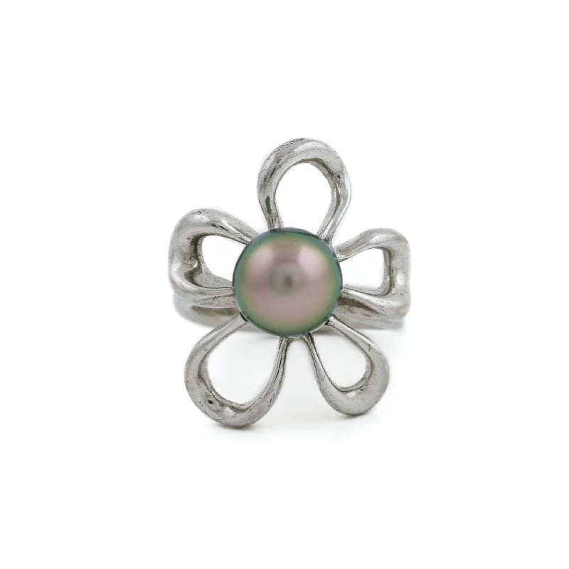 Dainty stack rings-Silver x 9mm Tahitian Black Pearl Floating Plumeria Ring