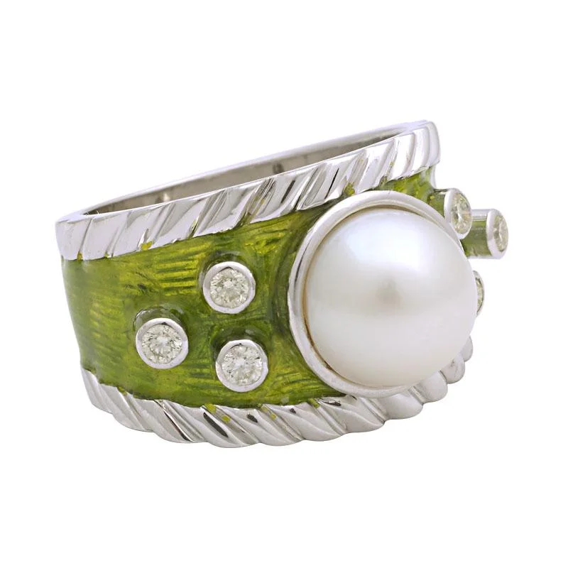 Wooden inlay rings-Ring-South Sea Pearl and Diamond (Enamel)  (124HS)