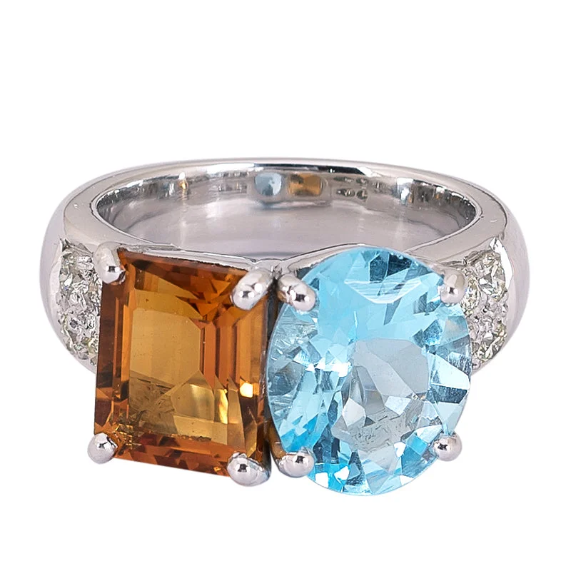 Sculptural art rings-Ring- Blue Topaz, Citrine and Diamond