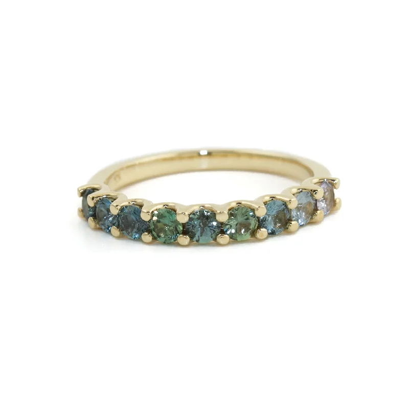 Organic form rings-14K Gold Graduated Teal Sapphires Half Eternity Band