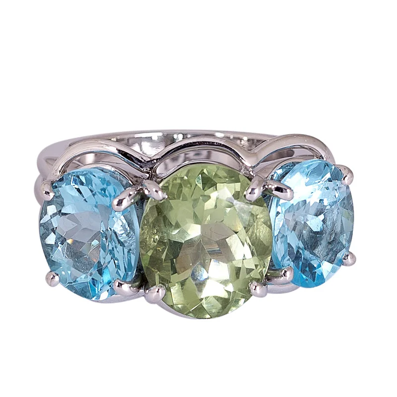 Opal inlay rings-Ring- Green Quartz and Blue Topaz