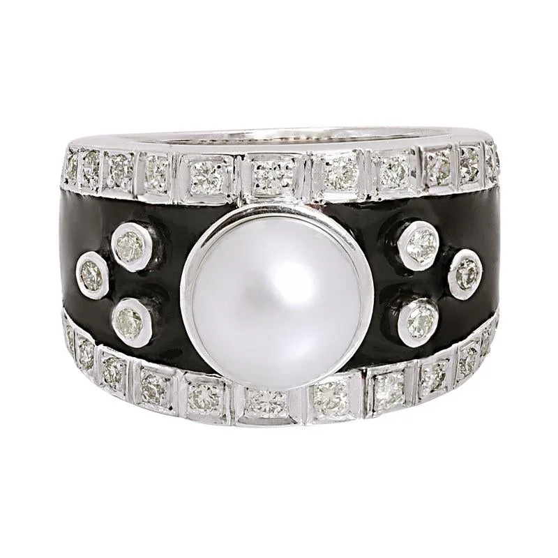 Sterling silver rings-Ring-South Sea Pearl and Diamond (Enamel)  (206FS)