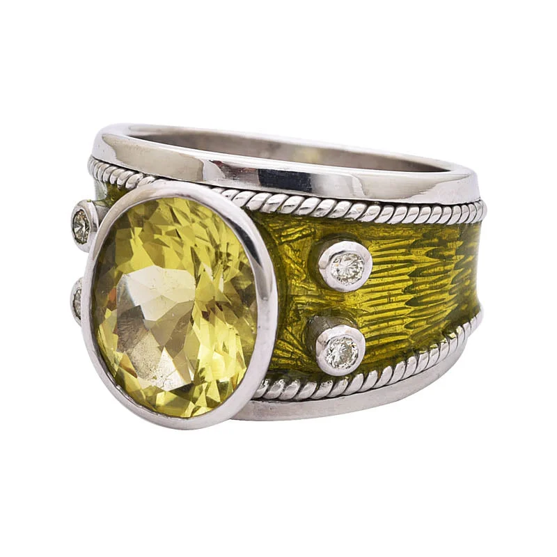 Bamboo style rings-Ring - Lemon Quartz And Diamond (Enamel) In Silver  (244NS)