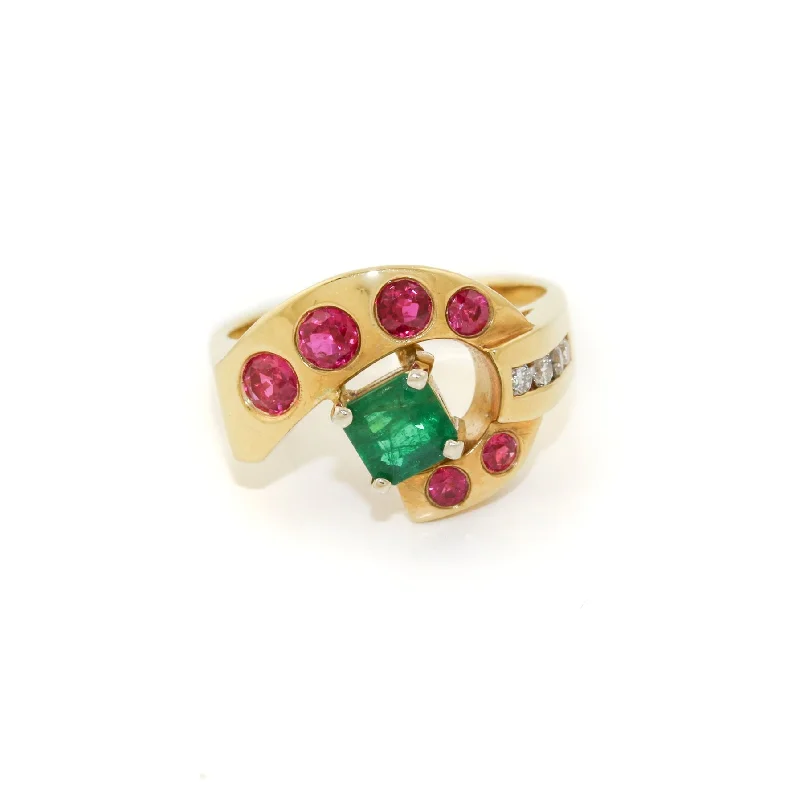 Moroccan tile rings-18k Gold x Modernist 1960's Ruby & Emerald Cocktail Ring