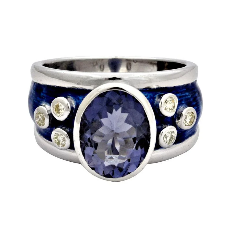 Birthstone stack rings-Ring - Iolite and Diamond with Enamel in Silver