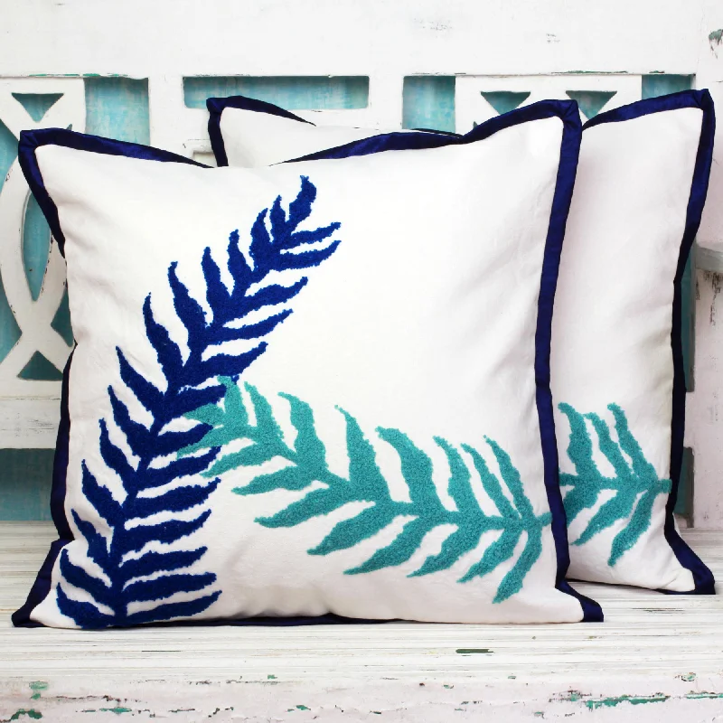 Star motif rings-Alluring Leaves 100% Cotton Blue and White Cushion Covers from India (Pair)