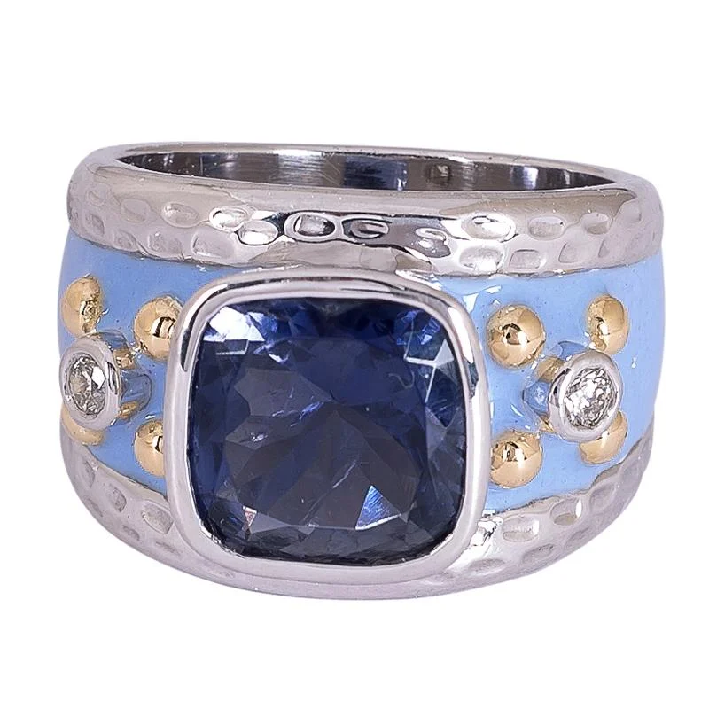 Double band rings-Ring- Iolite and Diamond (Enamel)  (24RM)