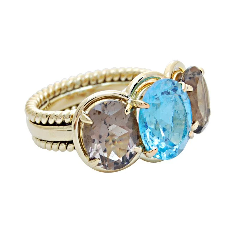 Vintage filigree rings-Ring-Blue Topaz and Smokey Quartz  (1740N)