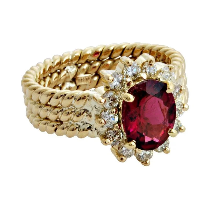 Bamboo style rings-Repair - Ring-Rubellite and Diamond  (1469H)