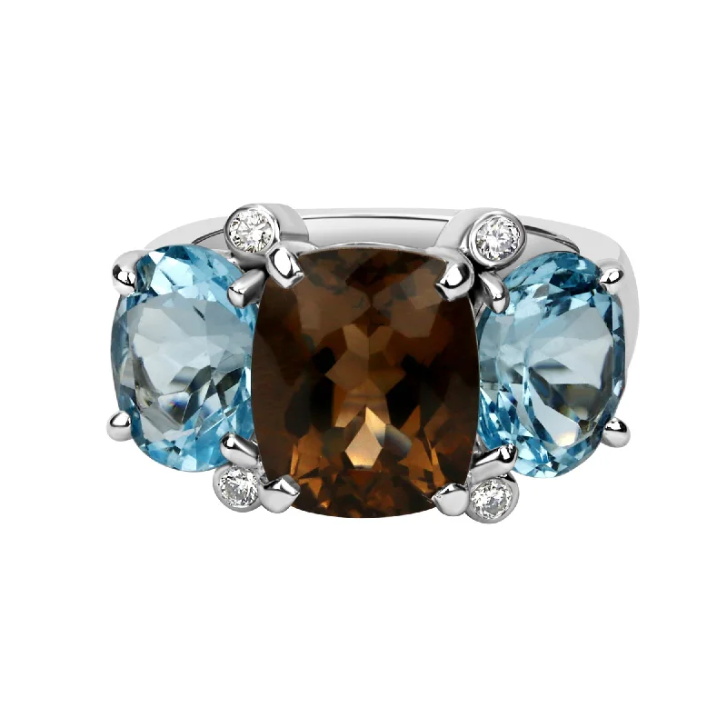 Engraved initial rings-Ring - Smoky Quartz And Blue Topaz With Diamond