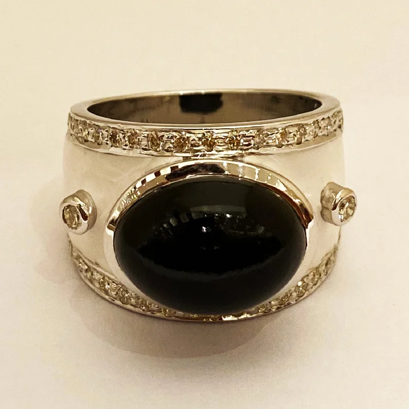 Opal inlay rings-Ring - Black Onyx and Diamond with Enamel in Silver