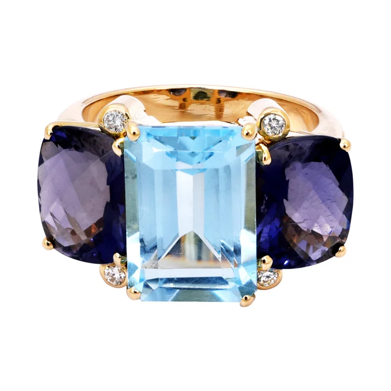 Geometric design rings-Ring- Blue Topaz, Iolite and Diamond