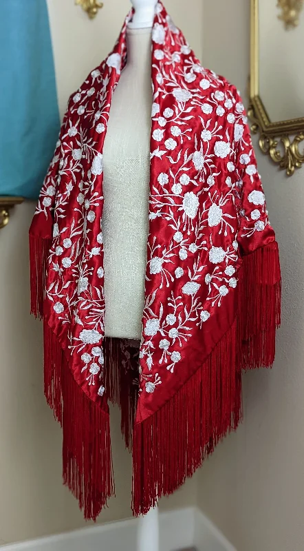 Toggle band rings-Vintage Silk Charmeuse Piano Shawl in Red With White Floral Silk Hand Embroidery, Finished with a Hand Knotted Fringe