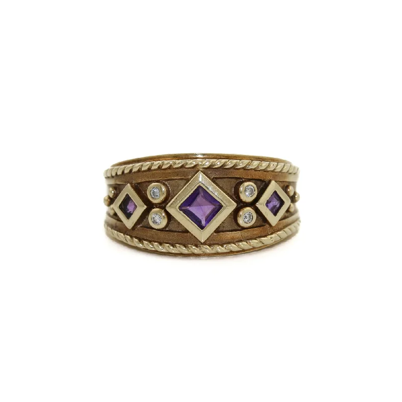 Wooden inlay rings-Opulent 14K Gold x Amtheyst & Diamond Byzantine-Style Band