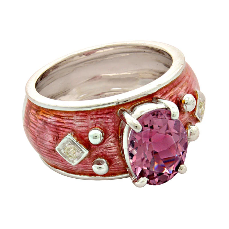 Rustic wooden rings-Ring- Pink Tourmaline And Diamond (Enamel)