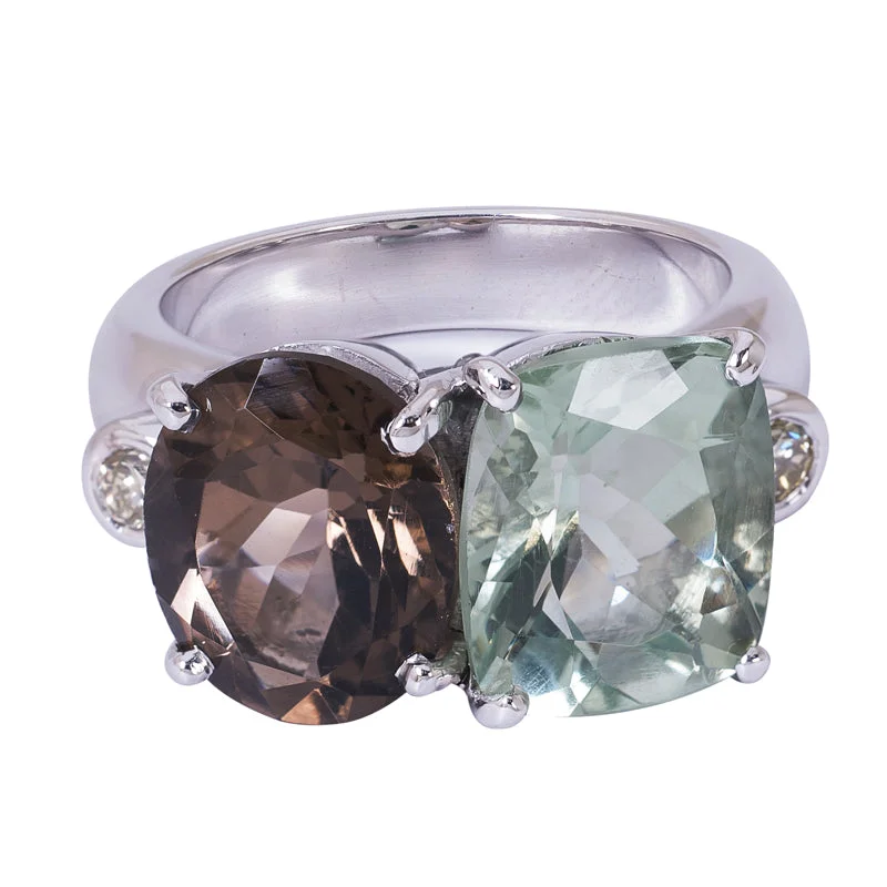 Opal inlay rings-Ring - Green Quartz, Smokey Quartz and Diamond in Sterling Silver