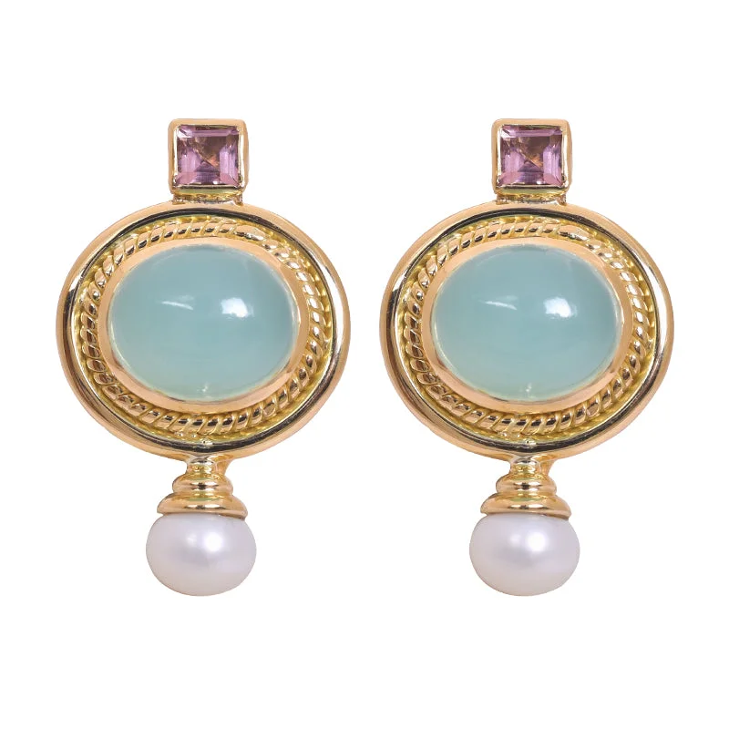 Minimalist band rings-Earring-Chalcedony, Tourmaline & Pearl in 18K