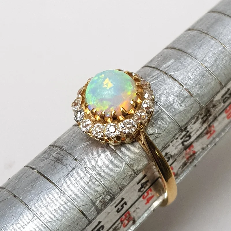 Labradorite rings-Superb 18k Gold Diamond And Opal Cabochon Daisy Cluster Ring Size U.K N 1/2 Vintage Art Deco circa 1920's