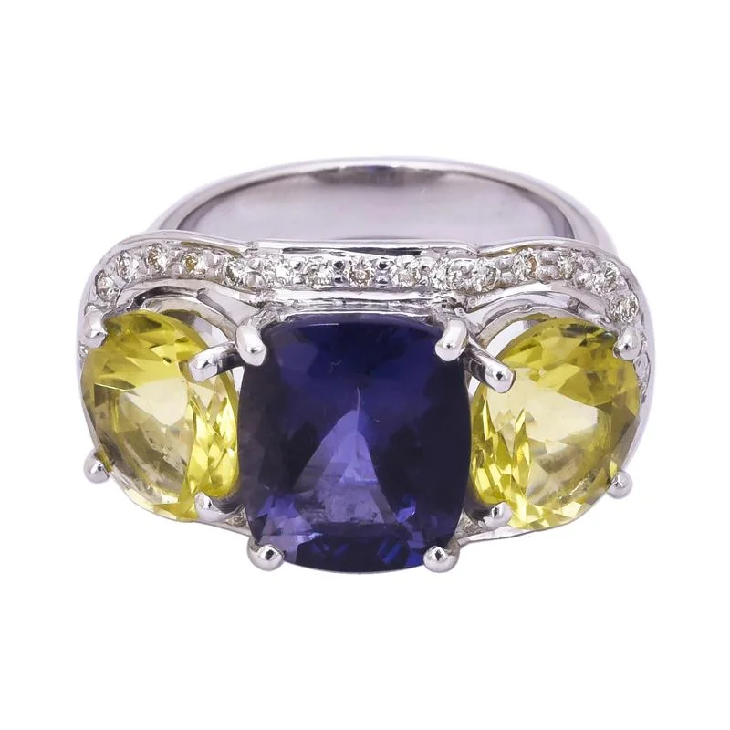 Sculptural art rings-Ring- Lemon Quartz, Iolite and Diamond  (255HS)