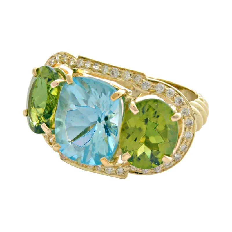 Peacock feather rings-Ring-Blue Topaz, Peridot and Diamond