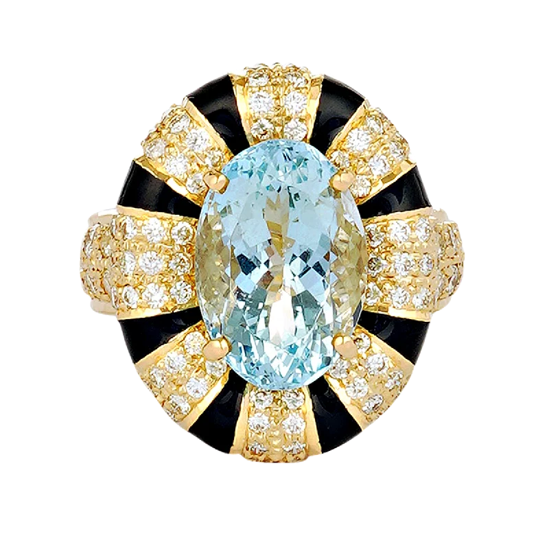 Hexagonal gem rings-Ring - Aquamarine and Diamond (Enamel)