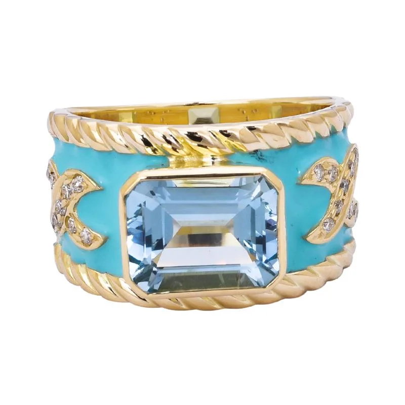 Rose gold rings-Ring- Aquamarine and Diamond (Enamel)  (2202A)