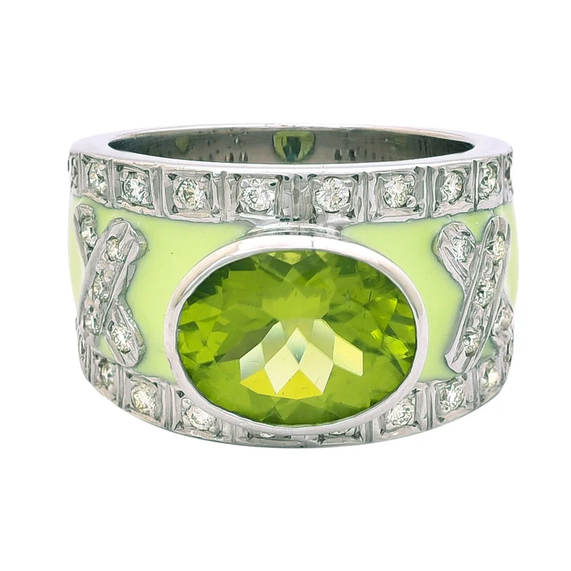 Bold geometric rings-Ring- Peridot and Diamond (Enamel)