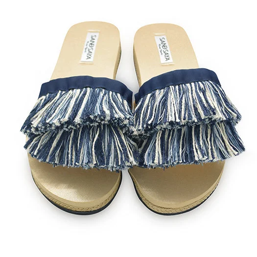 Star motif rings-Irving-Stripe Fringe- White and Blue Stripe Waterproof Espadrille Flat