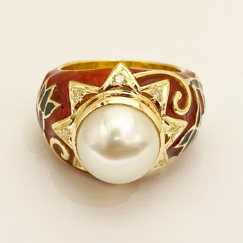 Crescent moon rings-Ring - Pearl and Diamond (Enamel) in 18K gold