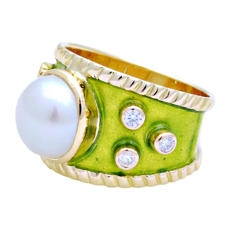 Rose gold rings-Ring - South Sea Pearl and Diamond (Enamel)