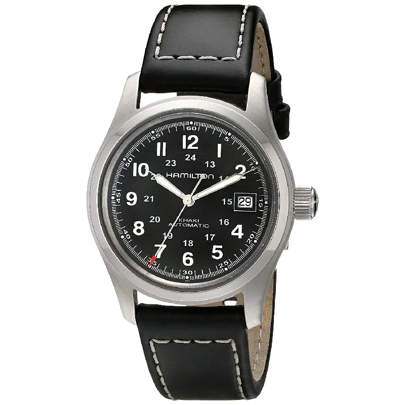 Retro analog watches-Hamilton Men's H70455733 Khaki Field Automatic Black Leather Watch