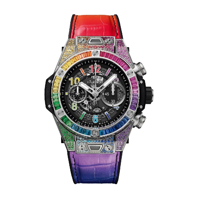 Boho leather watches-Hublot Men's 411.NX.1117.LR.0999 Big Bang Unico Rainbow Chronograph Multi-color Rubber and Leather Watch