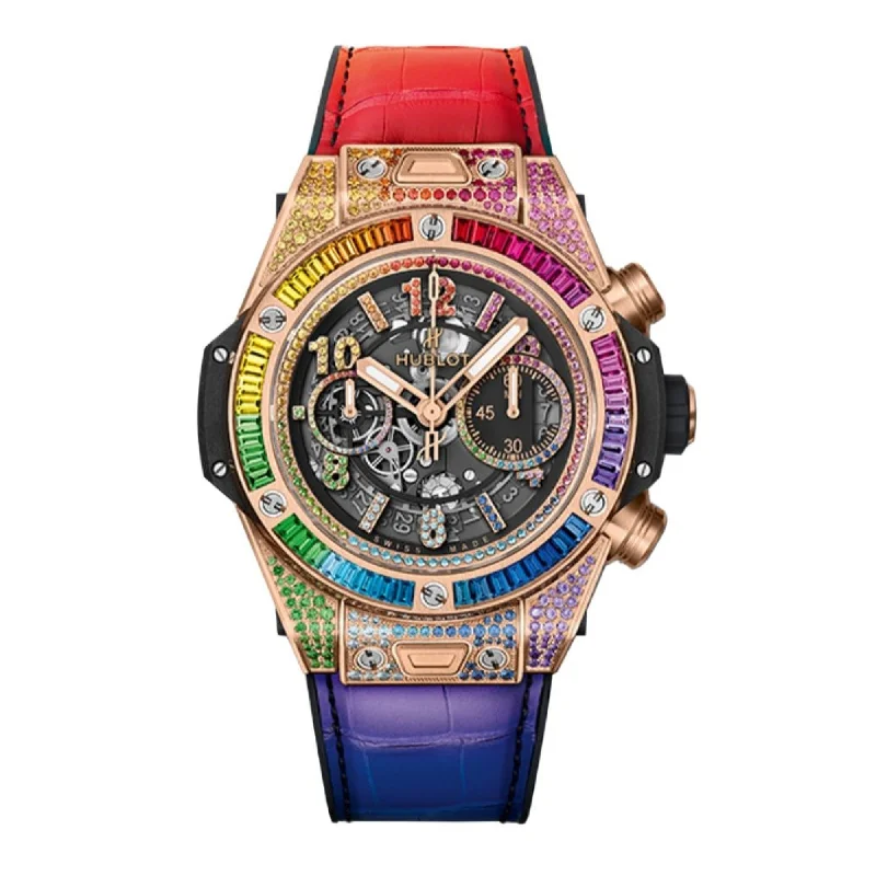 Thin strap watches-Hublot Men's 411.OX.9910.LR.0999 Big Bang Unico Rainbow Chronograph Multi-color Rubber and Leather Watch