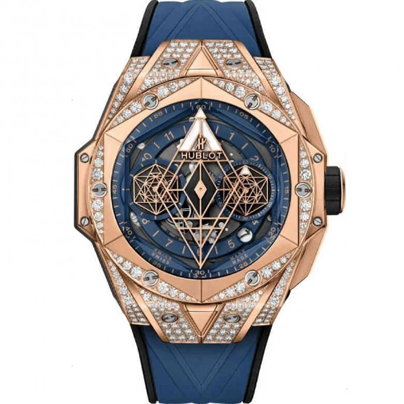 Rectangular face watches-Hublot Men's 418.OX.5108.RX.1604.MXM20 Big Bang Sang Bleu II Chronograph Blue Rubber Watch