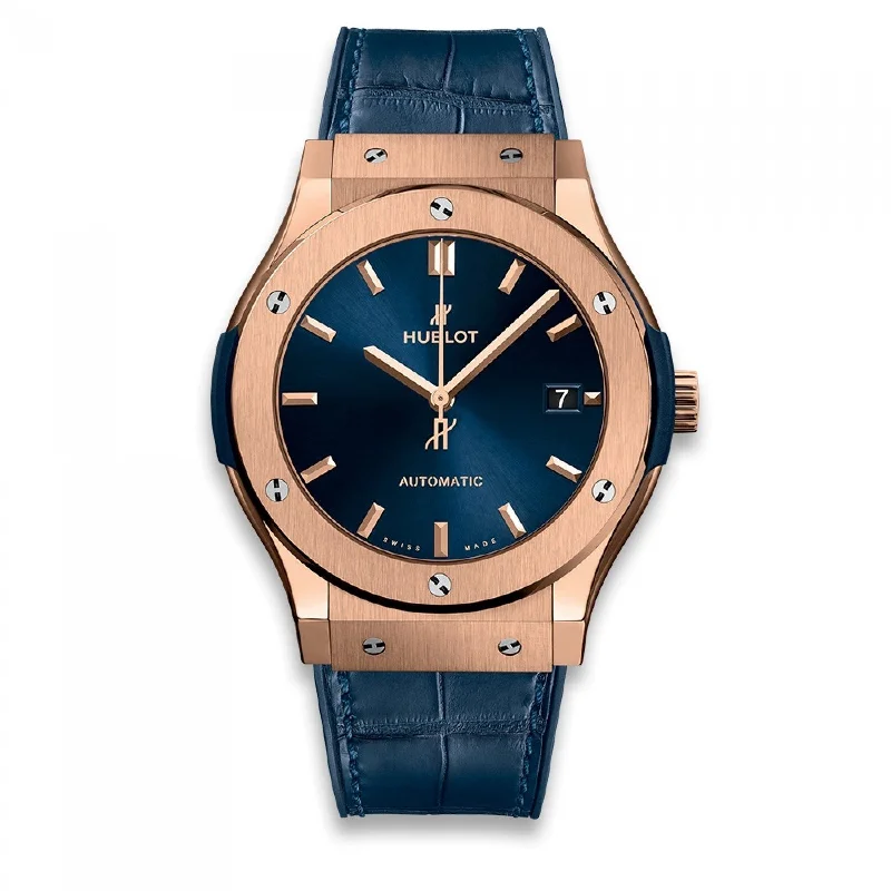 Crystal bezel watches-Hublot Men's 511.OX.7180.LR Classic Fusion Blue Rubber, Leather Watch