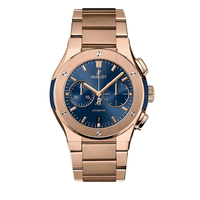 Gem encrusted watches-Hublot Men's 540.OX.7180.OX Classic Fusion Chronograph Blue 18Kt Rose Gold Watch