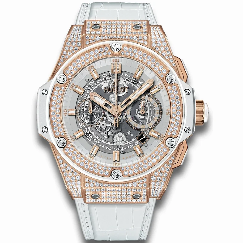 Bright dial watches-Hublot Men's 701.OE.0128.GR.1704 King Power Unico Chronograph White Leather Watch