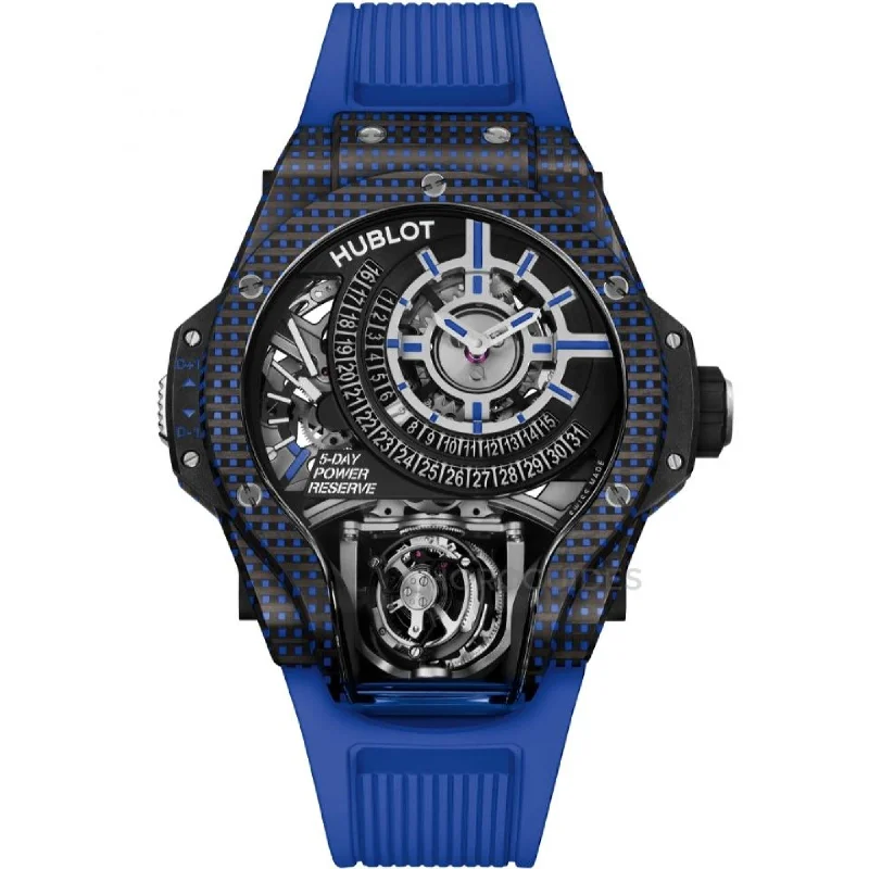 Rectangular strap watches-Hublot Men's 909.QDB.1120.RX MP-09 Tourbillon Bi-Axis 3D Carbon Limited Edition  Blue Rubber Watch