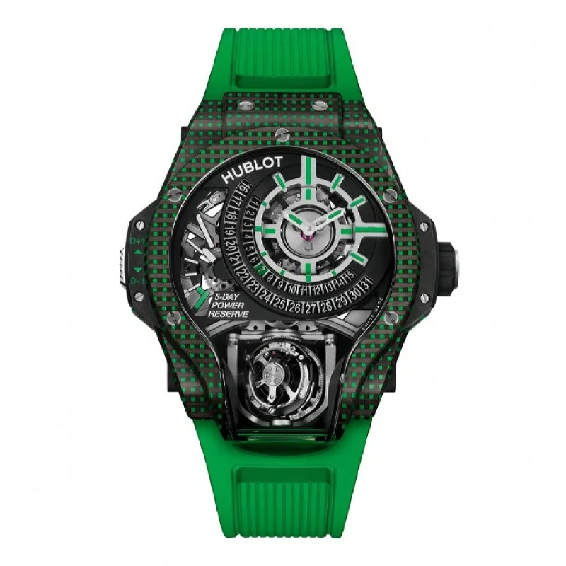 Daily wear watches-Hublot Men's 909.QDG.1120.RX MP-09 Tourbillon Bi-Axis 3D Carbon Limited Edition  Green Rubber Watch