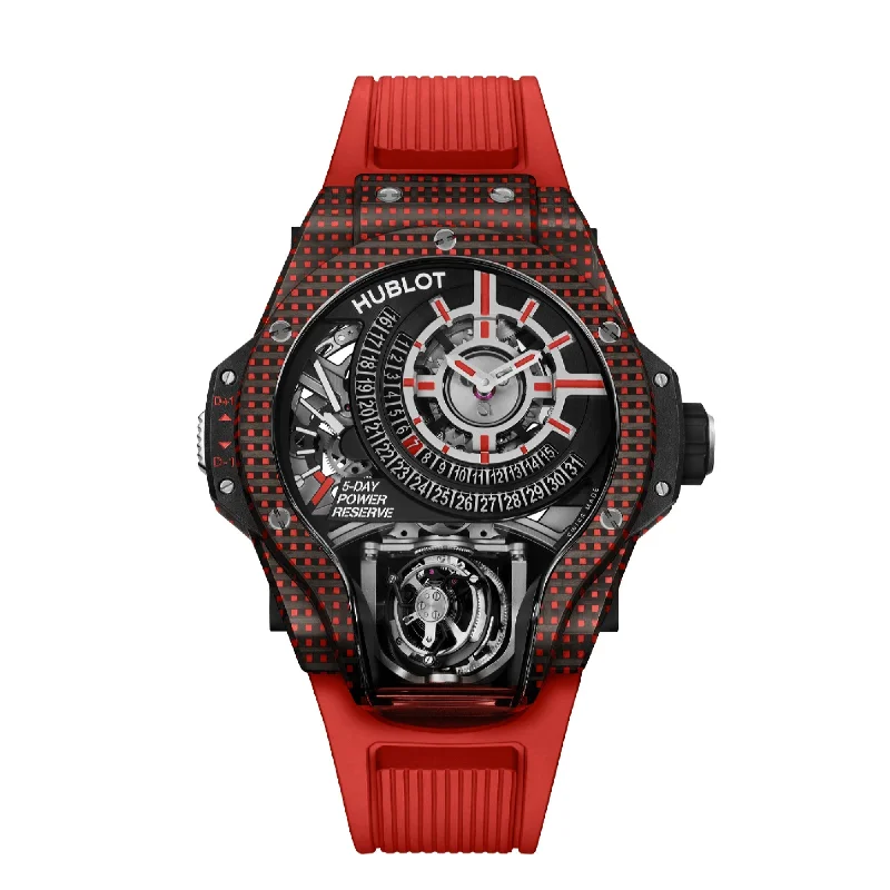 Bold design watches-Hublot Men's 909.QDR.1120.RX MP-09 Tourbillon Bi-Axis 3D Carbon Limited Edition  Red Rubber Watch