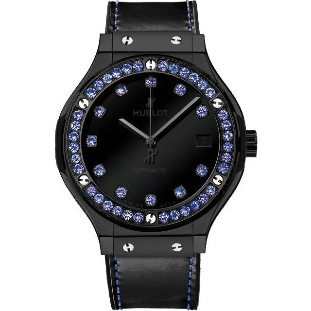 Dainty bracelet watches-Hublot Unisex 565.CX.1210.VR.1201 Classic Fusion Shiny Sapphires Black Leather Watch