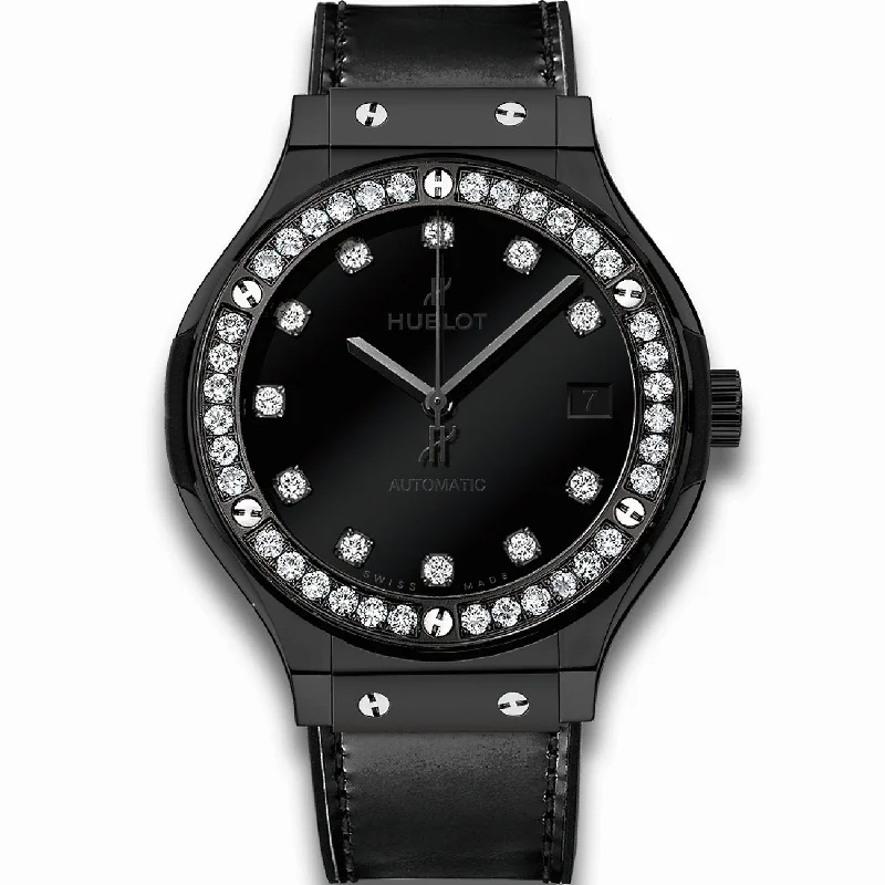 Waterproof sport watches-Hublot Unisex 565.CX.1210.VR.1204 Classic Fusion Shiny Diamond Black Leather Watch