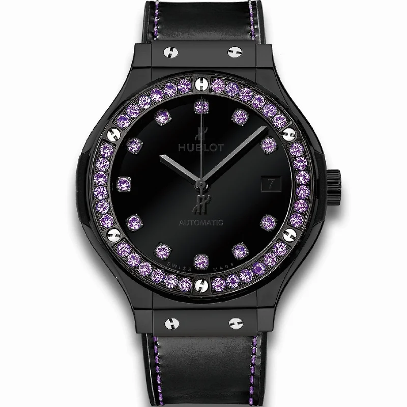 Sapphire dial watches-Hublot Unisex 565.CX.1210.VR.1205 Classic Fusion Shiny Amethyst Black Leather Watch