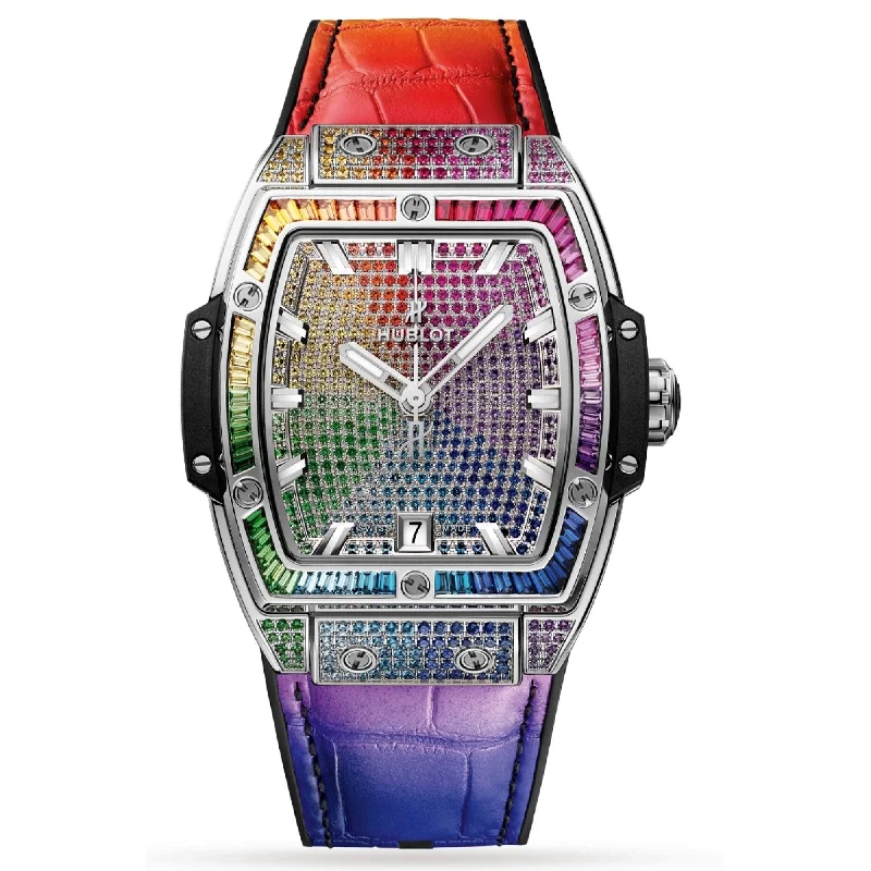 Eco-friendly watches-Hublot Unisex 665.NX.9910.LR.0999 Spirit of Big Bang Gemstones Multi-color Rubber and Leather Watch