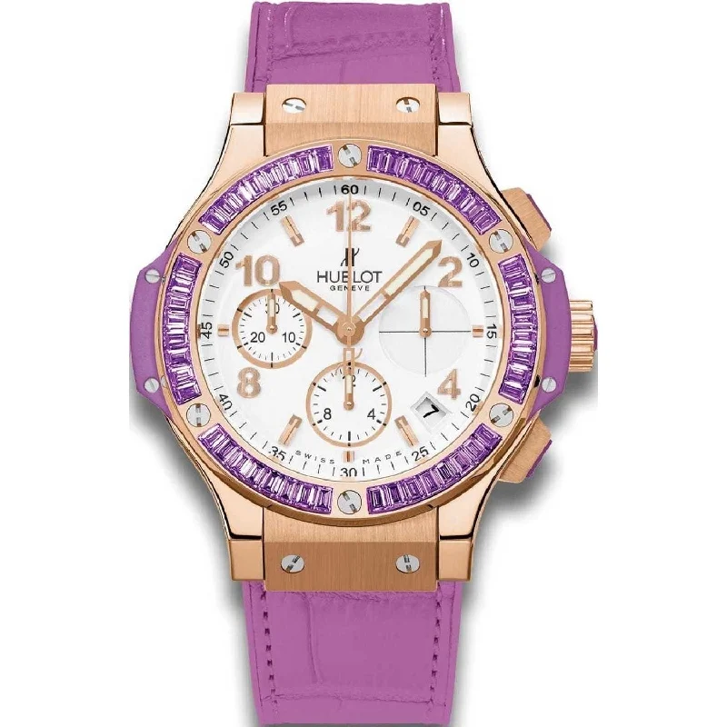 Slim metal watches-Hublot Women's 341.PV.2010.LR.1905 Big Bang Gold Tutti Frutti Chronograph Purple Leather Watch