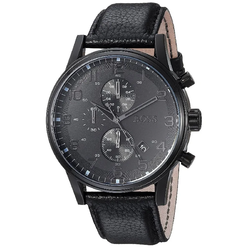 Gemstone accent watches-Hugo Boss Men's 1512567 Black Chronograph Black Leather Watch